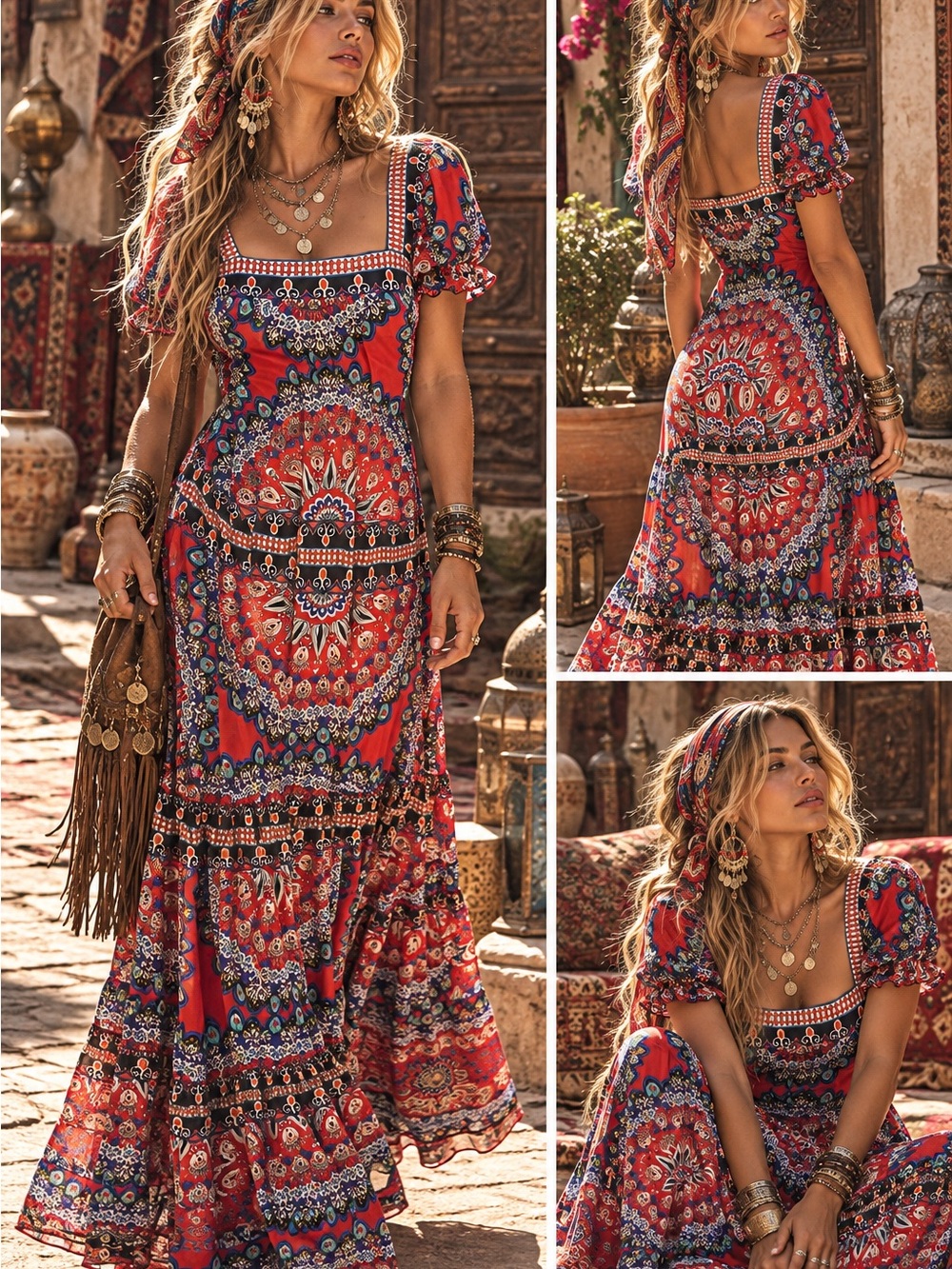 Beige by eci Red Paisley Medallion Boho Square-Neck Maxi Dress